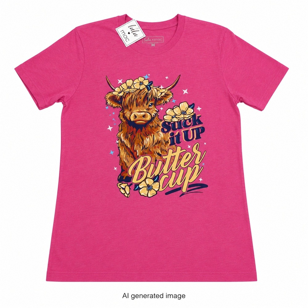 Lulu Mac Highland Cow Suck It Up Buttercup Graphic Tee Women M Pink NWT